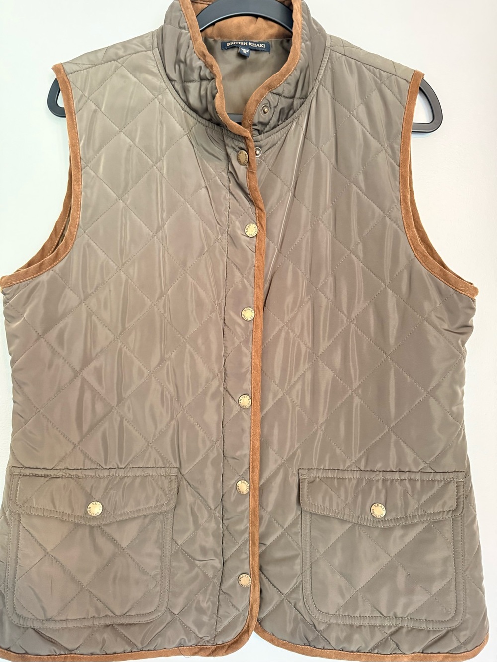 British Khaki Quilted Olive Vest with Tan Suede Trim